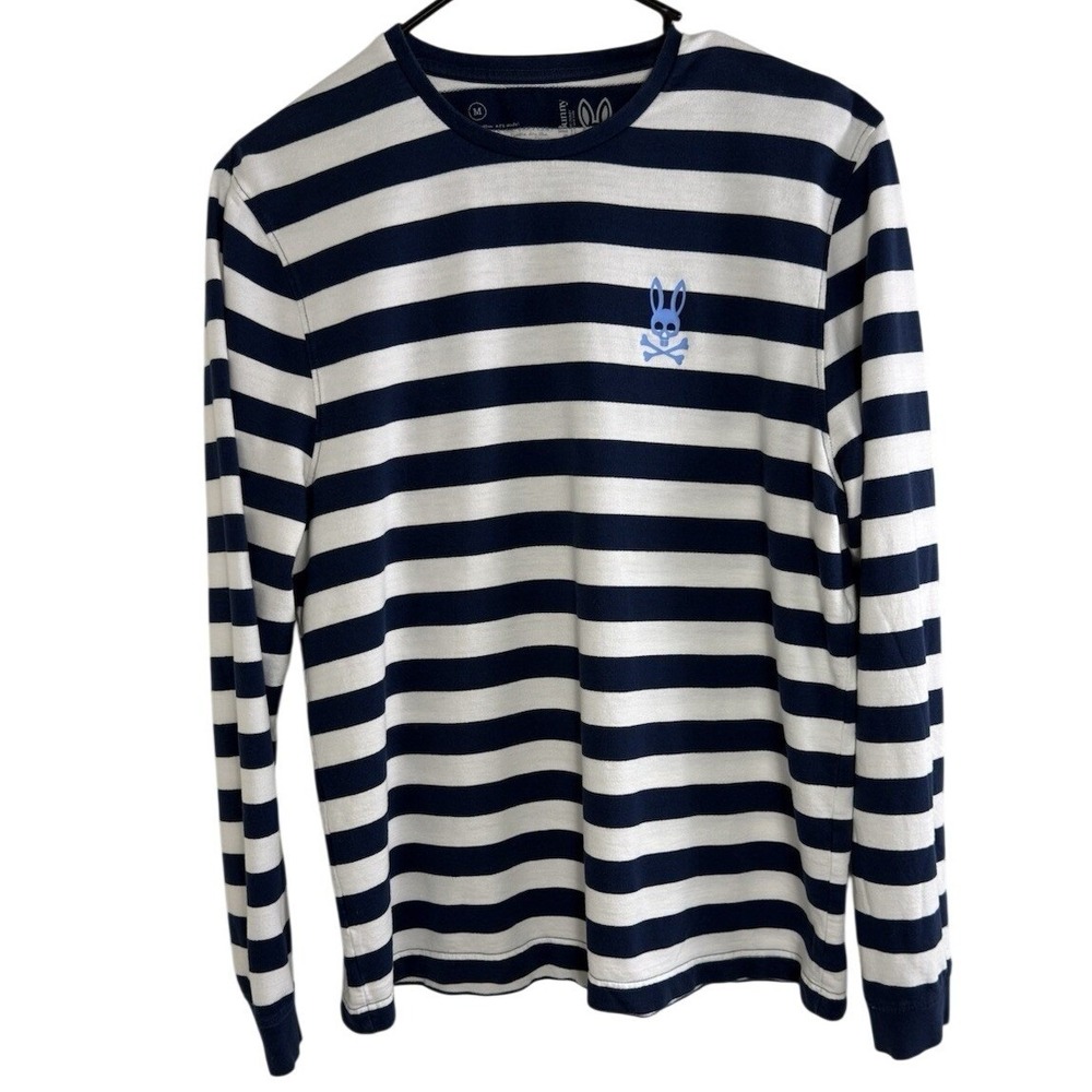 Psycho Bunny Men's Long Sleeve T-Shirt Navy White Striped Size M Crew Neck Logo - Picture 2 of 7